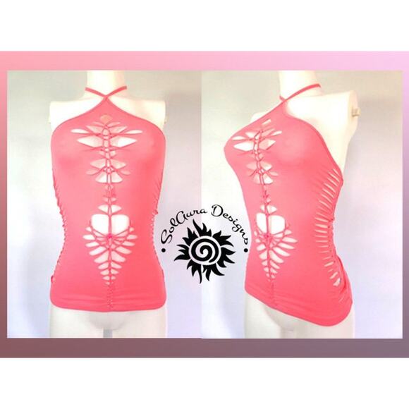 ROSE WEB - SMALL - Coral Halter Top with Cut and Weaved Front, Sides, and Back - Picture 2 of 5